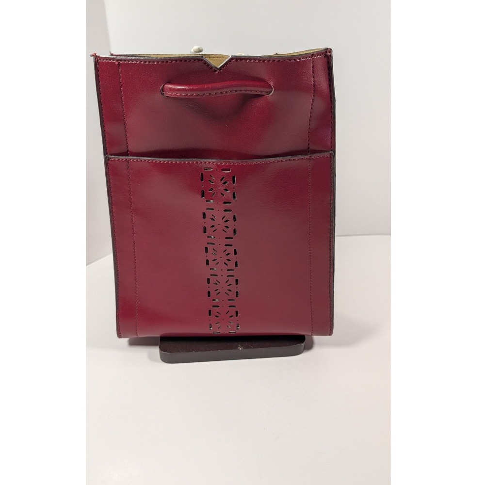 Mondani Burgundy Red Faux Leather Laser Cut Perforated Shoulder Bag Tote